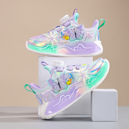 Trendy Iridescent Girls' Sneakers with Colorful Butterfly & Flower Design - Breathable Mesh Upper, EVA Sole, Cute Low-Top Sneakers for Youngsters, Girls' Sneakers | Playful Footwear | EVA Sole Sneaker