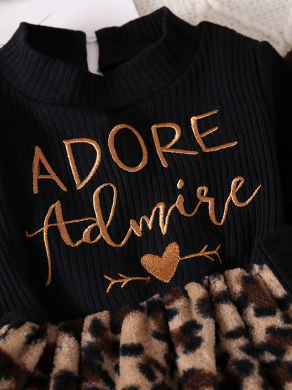 Autumn and Winter New Fashion Leopard Print Set with Black Long Sleeve Top Featuring Golden Letters, Matching Leopard Skirt and Jacket, Wild Yet Cute, Soft Light Beige-Friendly Material for Instant Trendy Little Darling, Perf