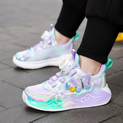 Trendy Iridescent Girls' Sneakers with Colorful Butterfly & Flower Design - Breathable Mesh Upper, EVA Sole, Cute Low-Top Sneakers for Youngsters, Girls' Sneakers | Playful Footwear | EVA Sole Sneaker