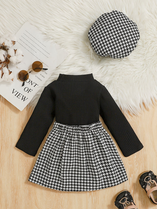 Girls' Three-Piece Set Ribbed Mid-Calf Long Sleeve Top + Houndstooth Skirt + Beret Hat, Perfect for Outdoor