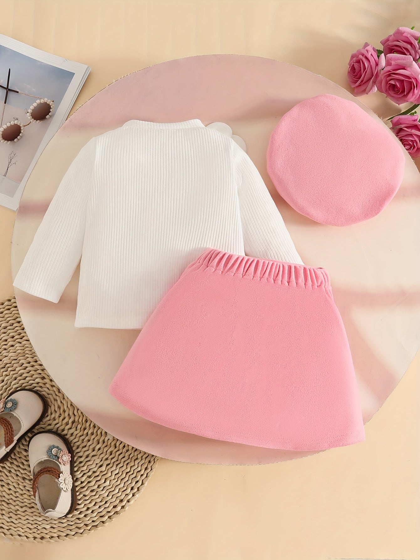 3pcs Girls' Elegant Tweed Outfit Set with Ruffled Sleeve Blouse, A-Line Skirt & Bow & Pearl-Adorned Hat - Soft Pink Winter Clothes for to 12m, Hand Washable Layered Dress for Everyday & Special Occasions, Semi- Round Neck Lon