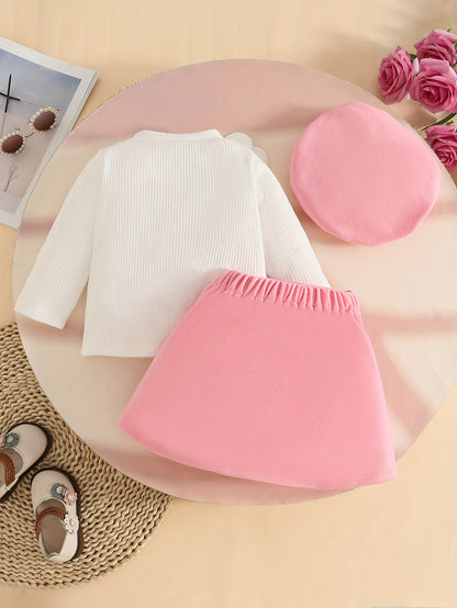 3pcs Girls' Elegant Tweed Outfit Set with Ruffled Sleeve Blouse, A-Line Skirt & Bow & Pearl-Adorned Hat - Soft Pink Winter Clothes for to 12m, Hand Washable Layered Dress for Everyday & Special Occasions, Semi- Round Neck Lon