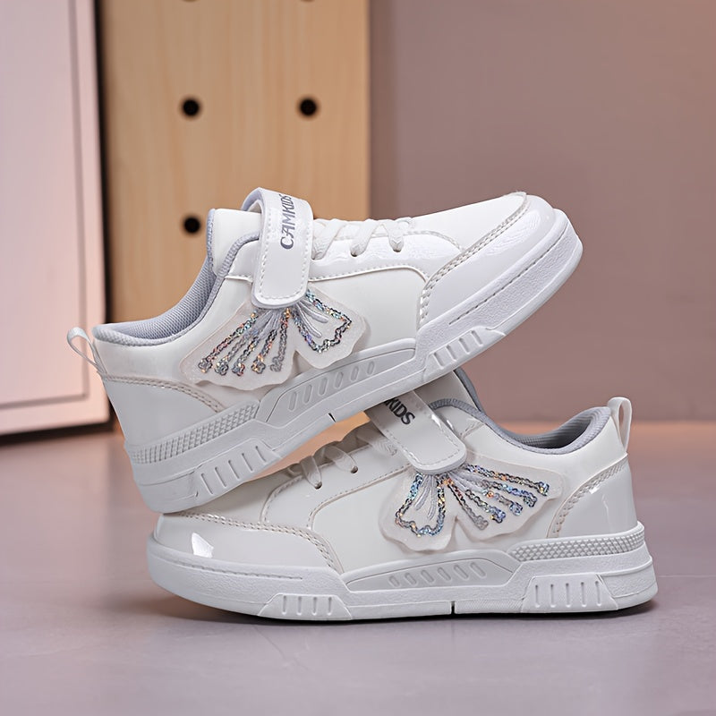 Girls' Sparkling Iridescent Rainbow Bow & Butterfly Sneakers - Purple/Pink Low-Top Lace-Free Magic Tape Closure, PU/ Cushioned Sole, All-Season Casual Shoes for, Playground & Casual Attire ( &)