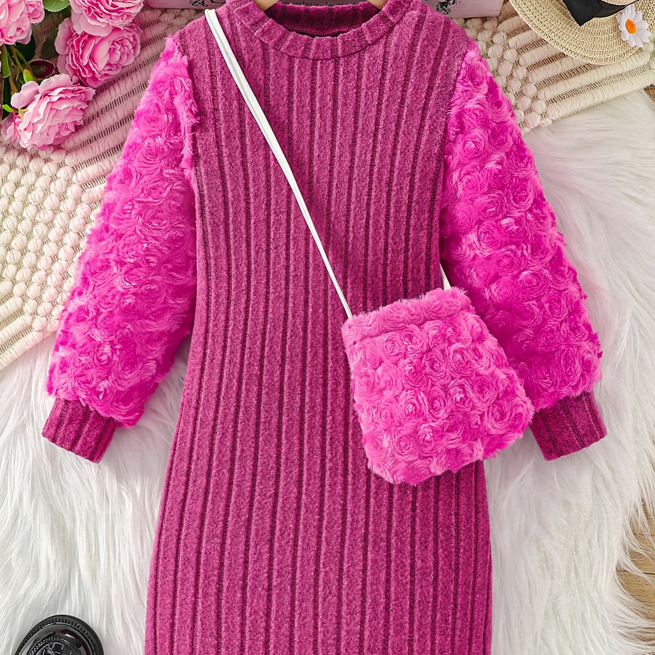 Girl's Round Neck Long Sleeve Dress with Rose Bud Pattern Fuzzy Sleeves and Bag, Suitable for Spring and Autumn Outdoor Casual Wear