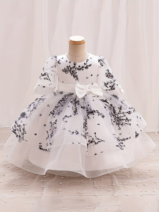 Girls' Summer New Puff Sleeve High-End Dress with Bow, Elegant Princess Dress, Christmas Dress, Christmas Gift