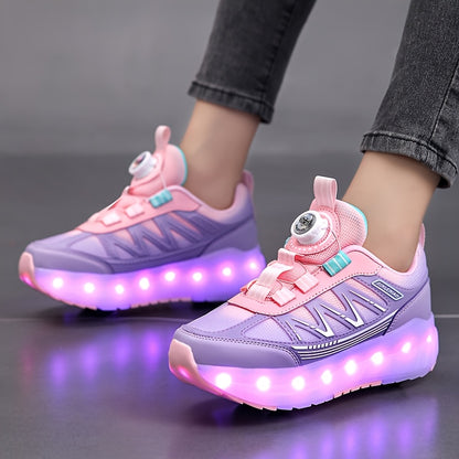LED Light-Up Girls' Roller Skates with Rotating Brightness & Detachable Wheels - USB Rechargeable Low-Top Sneakers, Adjustable Straps, TPR Sole for All-Season Casual Sports & Rollerblading, Shoes for Girls, Sleek Shoe Design,