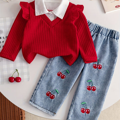 Girls' Autumn Winter Casual Faux Two-Piece Long Sleeve Shirt with Turn- Collar and Embroidered Cherry Jeans Pants, Comfortable Soft Light Beige-Friendly Fabric Trendy Versatile Outfit for Sports Vacation Party Wear Perfect Gi