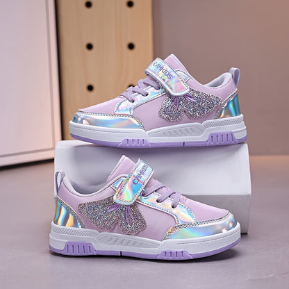Girls' Sparkling Iridescent Rainbow Bow & Butterfly Sneakers - Purple/Pink Low-Top Lace-Free Magic Tape Closure, PU/ Cushioned Sole, All-Season Casual Shoes for, Playground & Casual Attire ( &)
