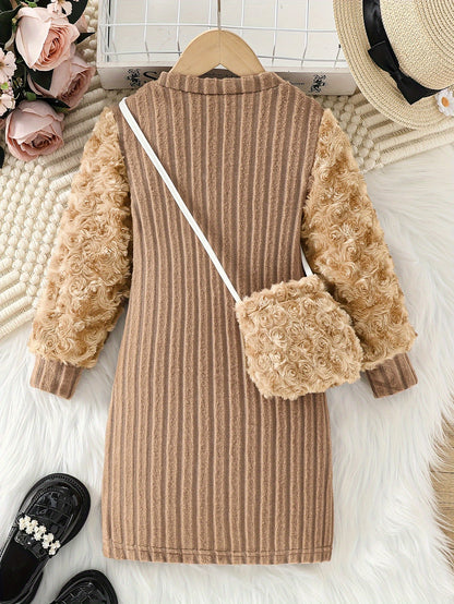 Girl's Round Neck Long Sleeve Dress with Rose Bud Pattern Fuzzy Sleeves and Bag, Suitable for Spring and Autumn Outdoor Casual Wear