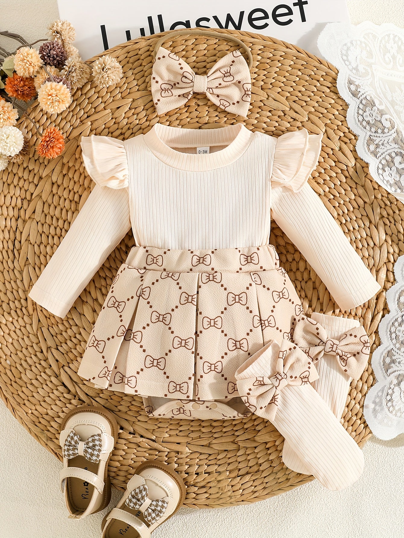 Girls' Fashion Butterfly Print Long Sleeve Dress + Bow Hair Accessory + Pair of Socks, Perfect for Outdoor