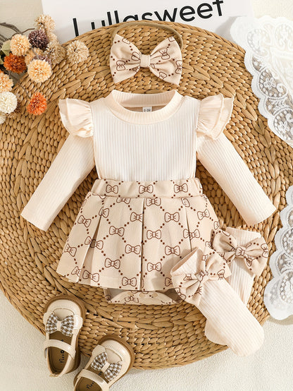 Girls' Fashion Butterfly Print Long Sleeve Dress + Bow Hair Accessory + Pair of Socks, Perfect for Outdoor