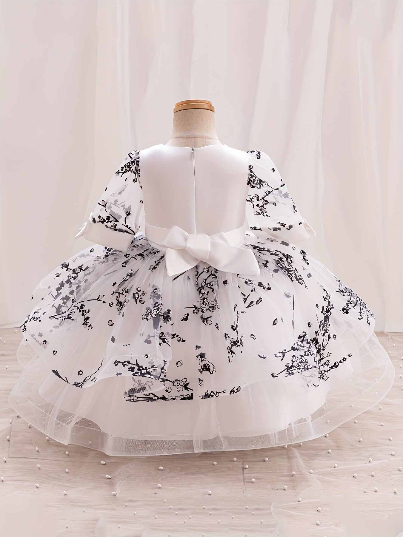 Girls' Summer New Puff Sleeve High-End Dress with Bow, Elegant Princess Dress, Christmas Dress, Christmas Gift