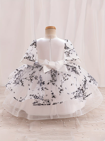 Girls' Summer New Puff Sleeve High-End Dress with Bow, Elegant Princess Dress, Christmas Dress, Christmas Gift