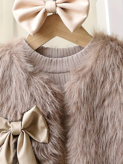 3pcs ' Elegant Winter Fur-like Coat & Skirt Set with Bow Detailing - Soft Pastel Beige or Brown Long Sleeve Dress Outfit, Machine Washable & Dry Cleanable, Cozy Faux-Fur Trim, Ruffled Collar & Layered Skirt for Fall/Winter, B