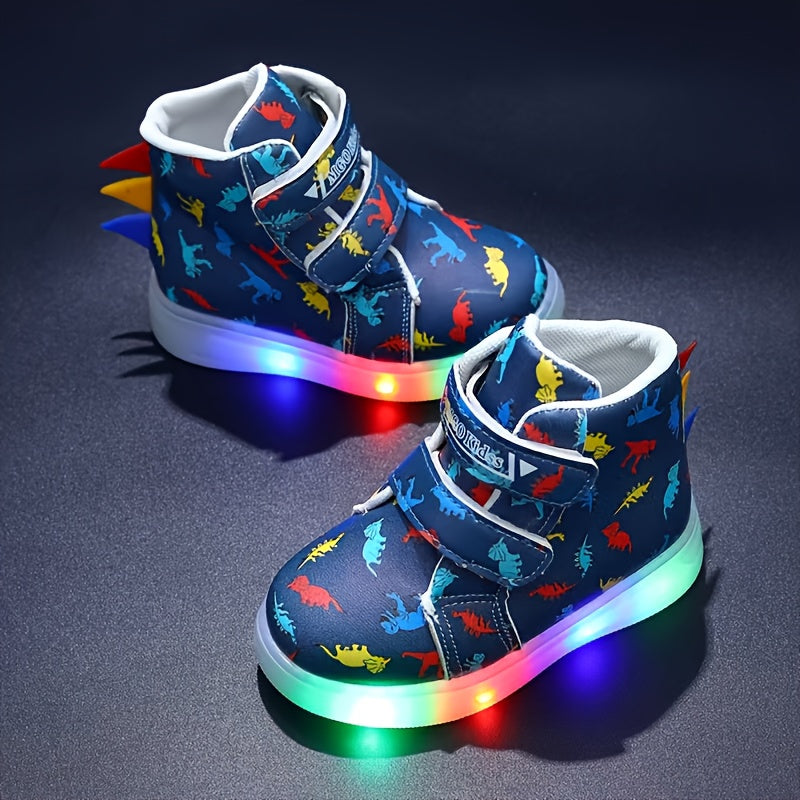 2025 New Kids' Colorful Dinosaur Glow-in-the-Dark Casual Sneakers, Cool Style, Dino Shoes for Kids, 's Sneakers, Everyday Kids Shoes, Playful Footwear, Fun Cartoon Design, Comfortable Fit, Durable Kids Shoes, Round Toe Shoes,
