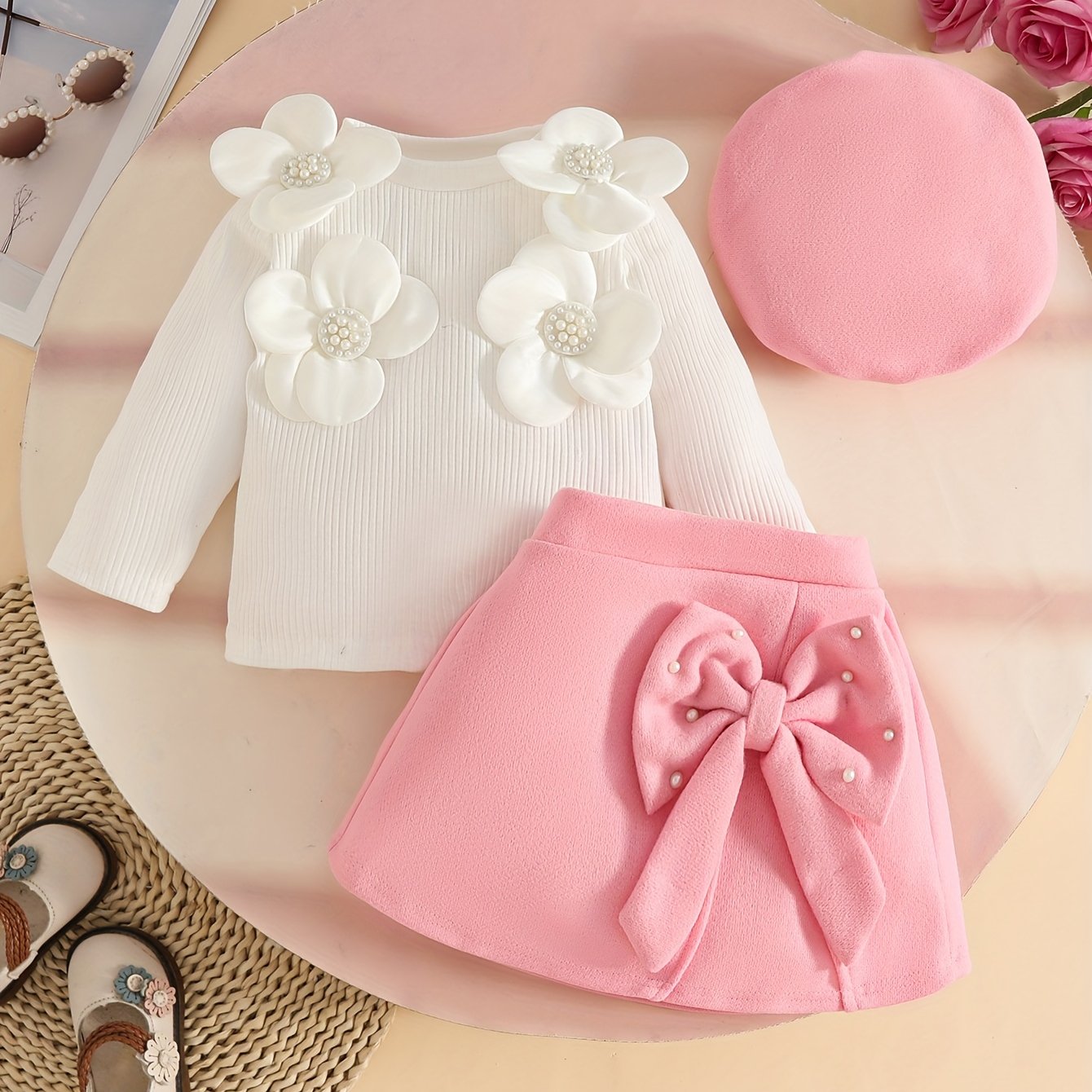 3pcs Girls' Elegant Tweed Outfit Set with Ruffled Sleeve Blouse, A-Line Skirt & Bow & Pearl-Adorned Hat - Soft Pink Winter Clothes for to 12m, Hand Washable Layered Dress for Everyday & Special Occasions, Semi- Round Neck Lon
