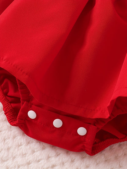 Girls' Sweet Princess Style 3pcs Set with Heart & Bow Detail - Soft Pink & Red Ruffled Sleeves, Bodysuit with Red Bow Skirt & Matching Headband, for Outdoor, Princess Dress For Girls, Princess Dress For Girl