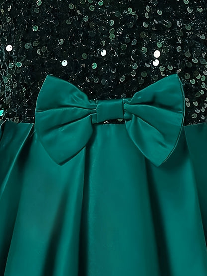 Girls' Elegant Long Sleeve Sequin & Mesh Princess Dress with Bow Detail - Emerald Green A-Line Short Dress, Machine Washable for Spring/Fall Formal Events