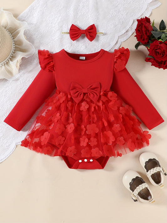 2-Pack Girls' Christmas/Halloween Casual Fashion Dress, Round Neck Bow Tie Patchwork 3D Flower Mesh Long Sleeve + Two-Piece Set with Butterfly Headband - Stretchy Machine Washable Fabric for Newborn Party Gatherings and Outdo