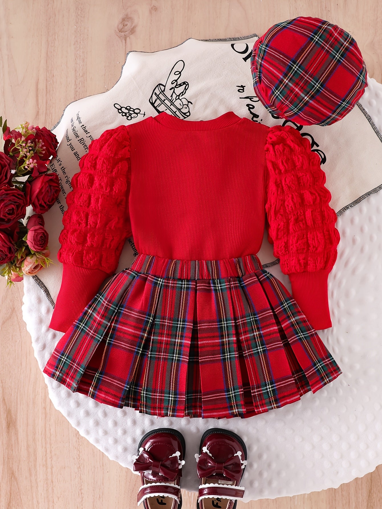 Girls' Red Bubble Long Sleeve Top and Double Bow Red Plaid Skirt with Hat Casual Performance Outfit Three-Piece Set, Perfect for Outdoor, Perfect for, Christmas Clothes Kids