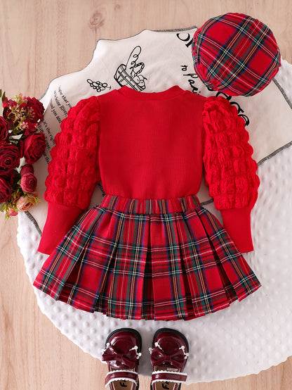 Girls' Red Bubble Long Sleeve Top and Double Bow Red Plaid Skirt with Hat Casual Performance Outfit Three-Piece Set, Perfect for Outdoor, Perfect for, Christmas Clothes Kids