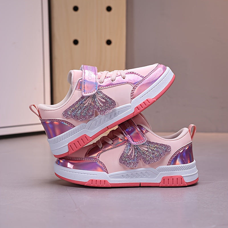 Girls' Sparkling Iridescent Rainbow Bow & Butterfly Sneakers - Purple/Pink Low-Top Lace-Free Magic Tape Closure, PU/ Cushioned Sole, All-Season Casual Shoes for, Playground & Casual Attire ( &)