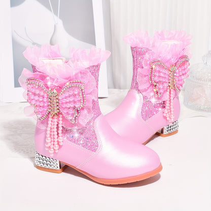 Shoes with Fleece for Winter, Stylish Short Boots for Girls, New Warm High-Heeled Princess Shoes with Bows for Snowy Days.