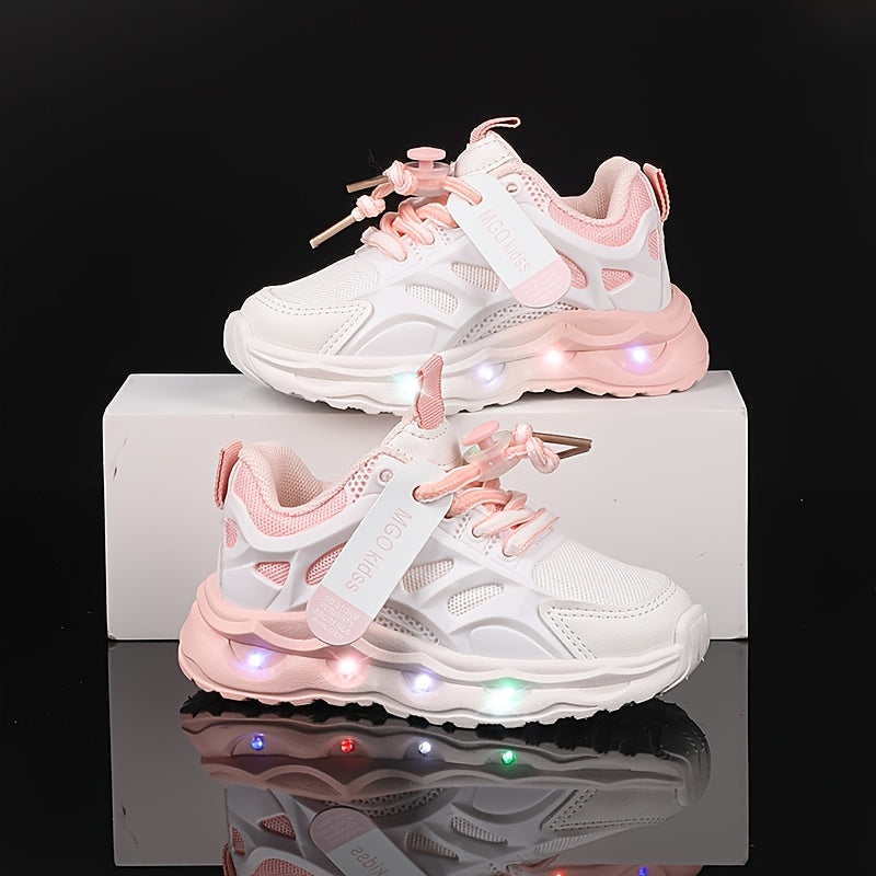 Kids' LED Light-Up Sneakers with Glow-in-the-Dark Soles - Boys & Girls Low-Top Walking Shoes (1-6 Years) - PU Upper &, Multicolor (White/Pink/Blue) for Nighttime & Play - Party Shoes