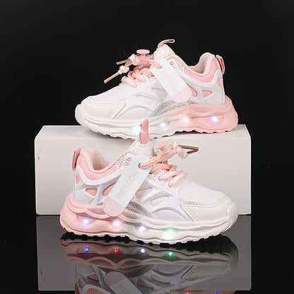 Kids' LED Light-Up Sneakers with Glow-in-the-Dark Soles - Boys & Girls Low-Top Walking Shoes (1-6 Years) - PU Upper &, Multicolor (White/Pink/Blue) for Nighttime & Play - Party Shoes