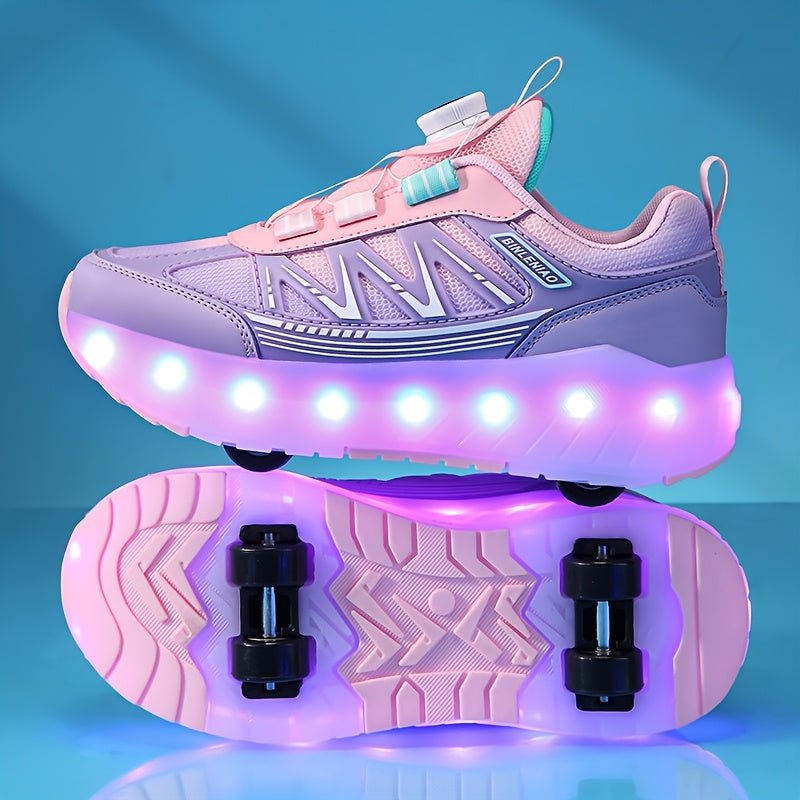 LED Light-Up Girls' Roller Skates with Rotating Brightness & Detachable Wheels - USB Rechargeable Low-Top Sneakers, Adjustable Straps, TPR Sole for All-Season Casual Sports & Rollerblading, Shoes for Girls, Sleek Shoe Design,
