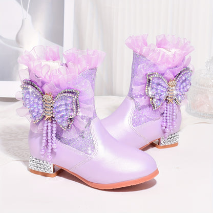 Shoes with Fleece for Winter, Stylish Short Boots for Girls, New Warm High-Heeled Princess Shoes with Bows for Snowy Days.