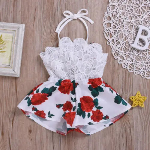 Toddler Baby Girl Floral Lace Romper Jumpsuit Overalls Kids Girls Summer Halter Sleeveless Rompers Outfit Clothes Playsuit Tops