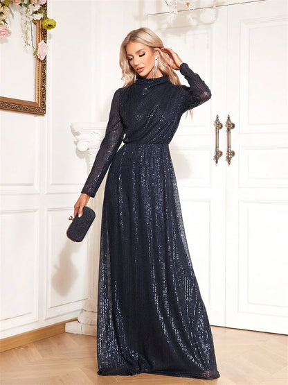 Luxury Sequin Evening Dresses 2025 Long Sleeve Blue High Collar Mermaid Women's Evening Formal Party Cocktail Graduation Gowns