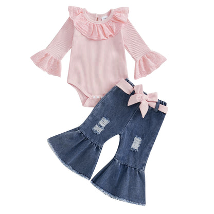 ma&baby 0-18M Newborn Infant Toddler Baby Girls Clothes Sets Long Sleeves Romper Denim Flare Pants Fall Spring Clothing