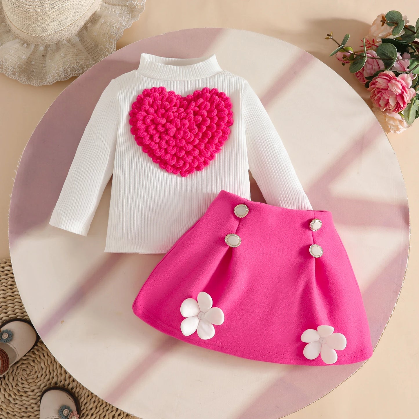Pudcoco Toddler Baby Girl Fall Outfit Heart Mock Neck Long Sleeve Tops with 3D Flower Mini A Line Skirt 2Pcs Set 6M-4T