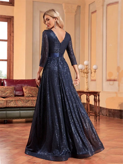 Luxury O-Neck Long Sleeves Sequins Formal Evening Dress Women 2025 Wedding Party Prom Maxi Cocktail Dresses Graduation Vestidos