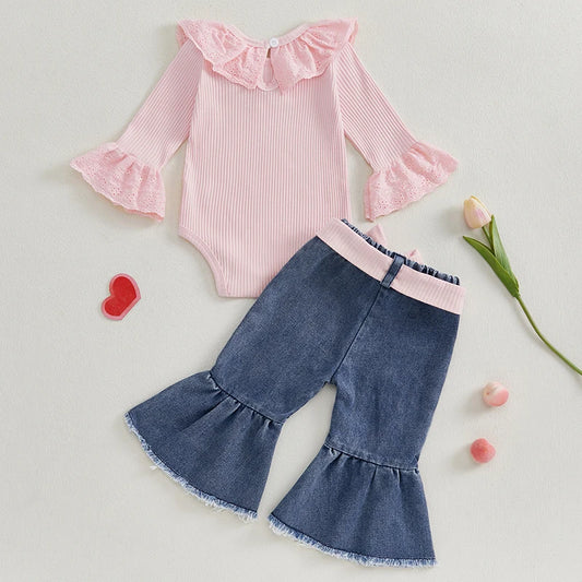 ma&baby 0-18M Newborn Infant Toddler Baby Girls Clothes Sets Long Sleeves Romper Denim Flare Pants Fall Spring Clothing