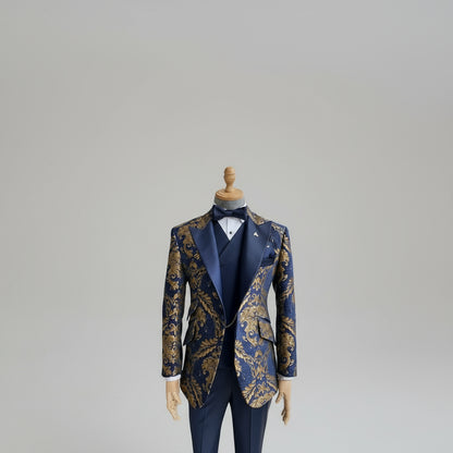 Jacquard Floral Tuxedo Suits for Men Wedding Slim Fit Navy Blue and Gold Gentleman Jacket with Vest Pant 3 Pieces Male Costume