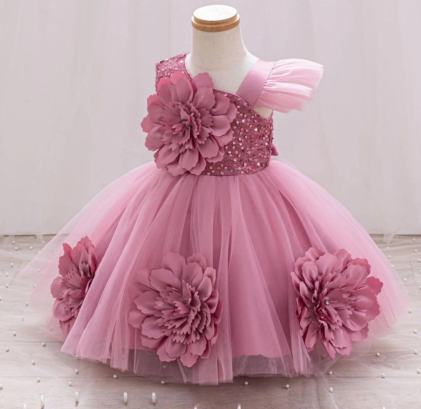 New Red Single Shoulder Sparkling Flying Sleeve Baby's Birthday Party Dress 0-6 Year Old Girl Pageant Dresses for Toddler Girls