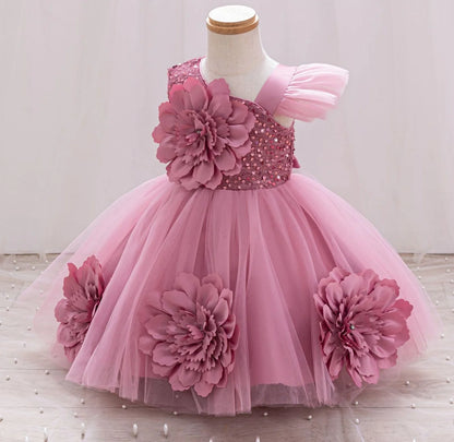 New Red Single Shoulder Sparkling Flying Sleeve Baby's Birthday Party Dress 0-6 Year Old Girl Pageant Dresses for Toddler Girls
