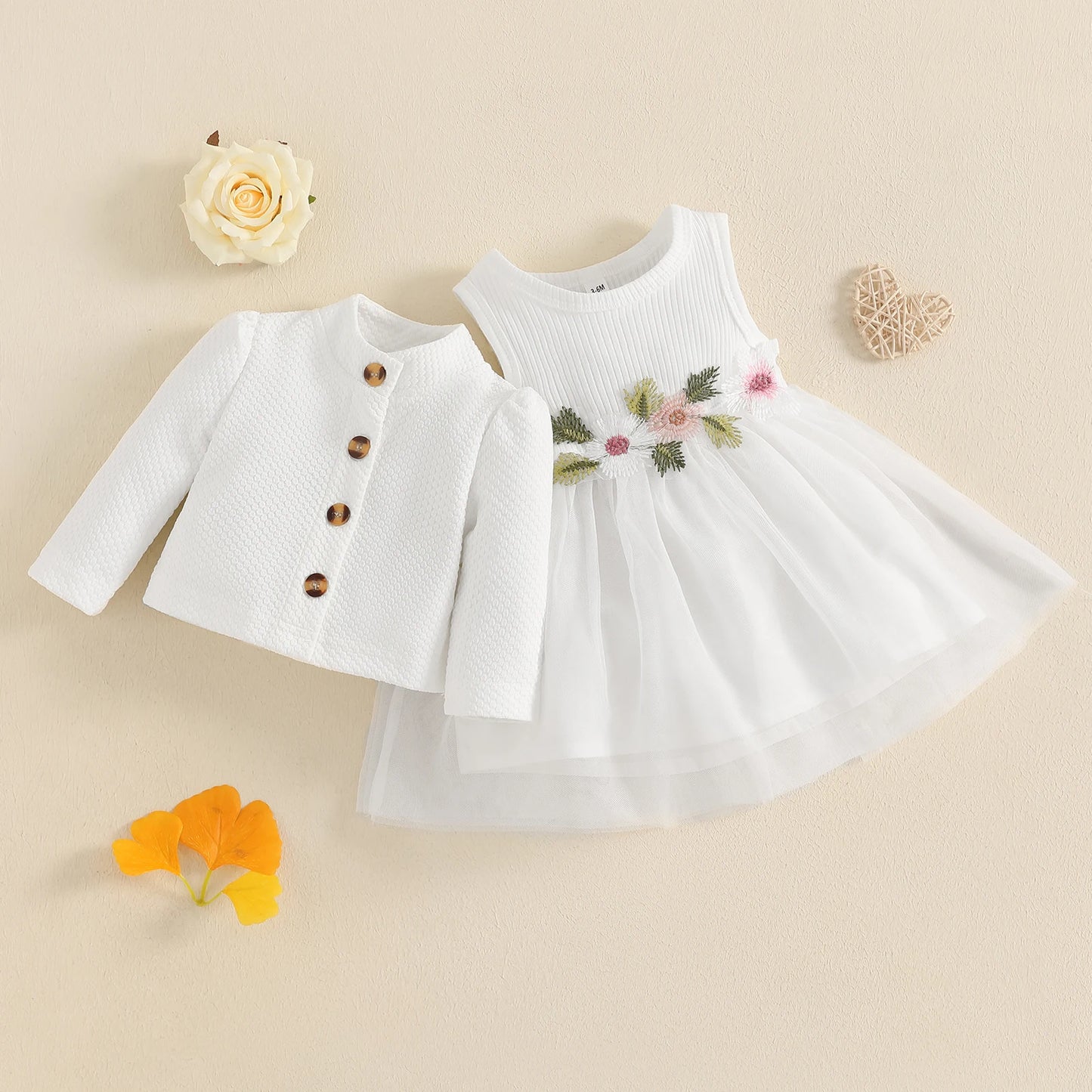 MISOWMNJOY Baby Girl Fall Outfit Spring Fall Long Sleeve Cardigan Coat Flower Embroidery Tulle Tank Dress Toddler 2 Piece Set