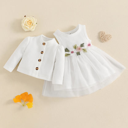 MISOWMNJOY Baby Girl Fall Outfit Spring Fall Long Sleeve Cardigan Coat Flower Embroidery Tulle Tank Dress Toddler 2 Piece Set