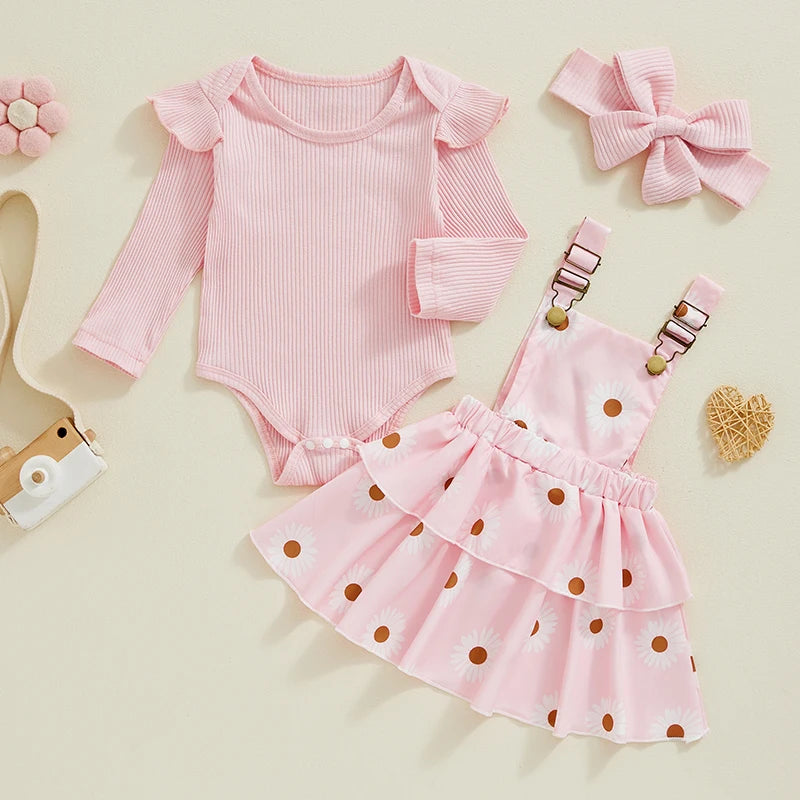 Baby Girls Fall Outfit Ribbed Long Sleeve Romper and Floral Suspender Skirt Cute Headband 3 Piece Clothes
