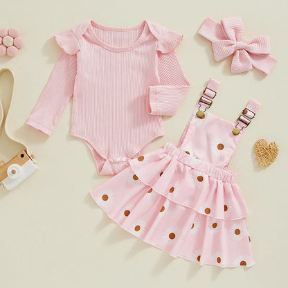 Baby Girls Fall Outfit Ribbed Long Sleeve Romper and Floral Suspender Skirt Cute Headband 3 Piece Clothes