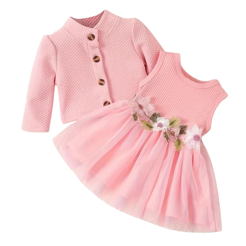 MISOWMNJOY Baby Girl Fall Outfit Spring Fall Long Sleeve Cardigan Coat Flower Embroidery Tulle Tank Dress Toddler 2 Piece Set