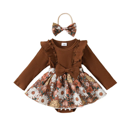Baby Girl 2pc Outfit Set Flower Print Ruffle Trim Long Sleeve Romper with Bow Headband O-Neck Knit Polyester Daily Wear for 0-1Y