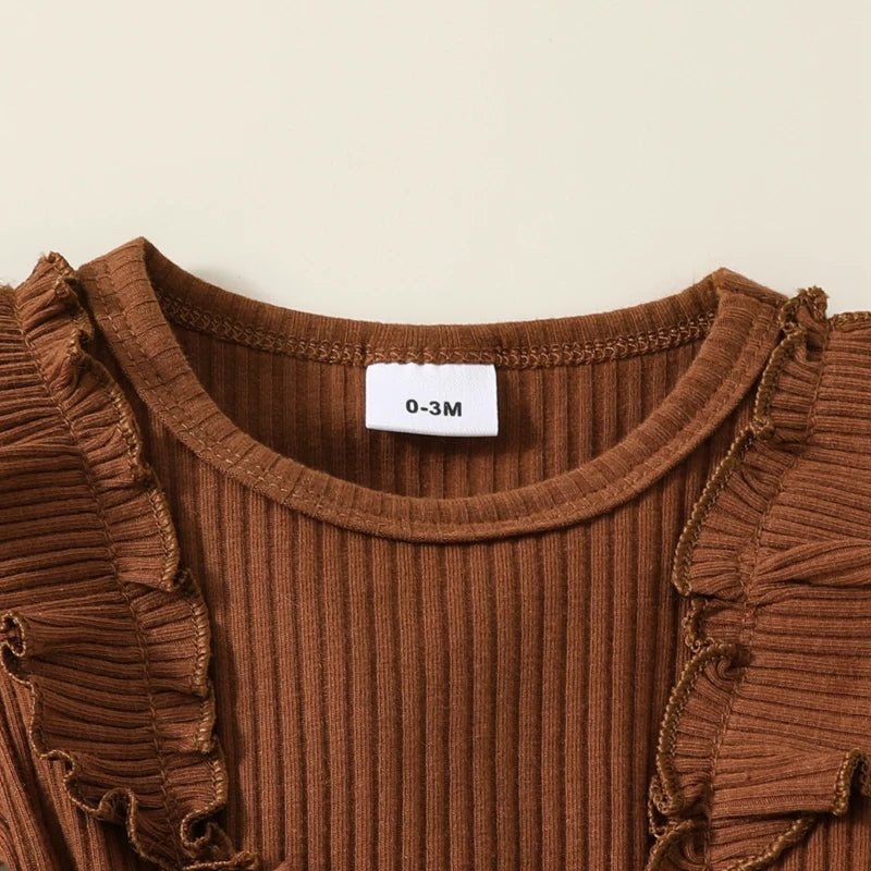 Baby Girl 2pc Outfit Set Flower Print Ruffle Trim Long Sleeve Romper with Bow Headband O-Neck Knit Polyester Daily Wear for 0-1Y