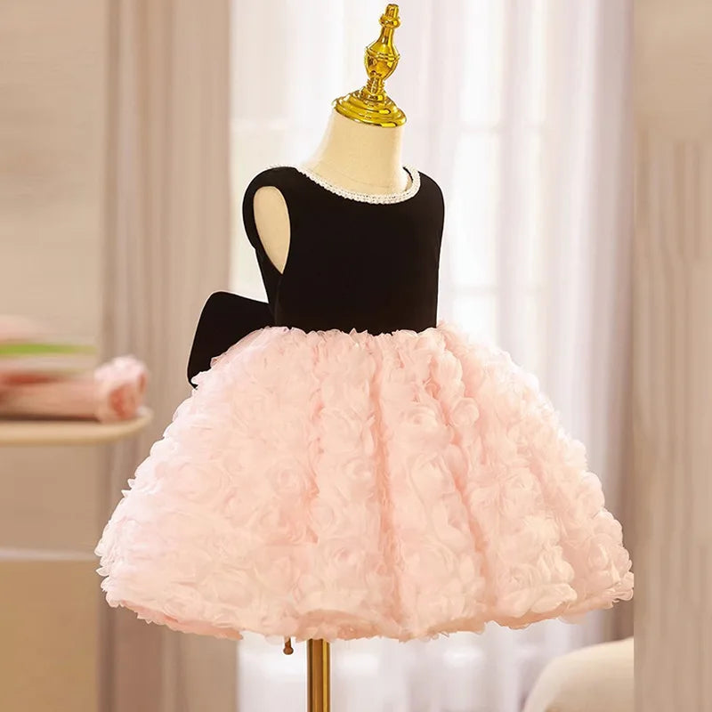New Flower Girl Black Pink Party Dress