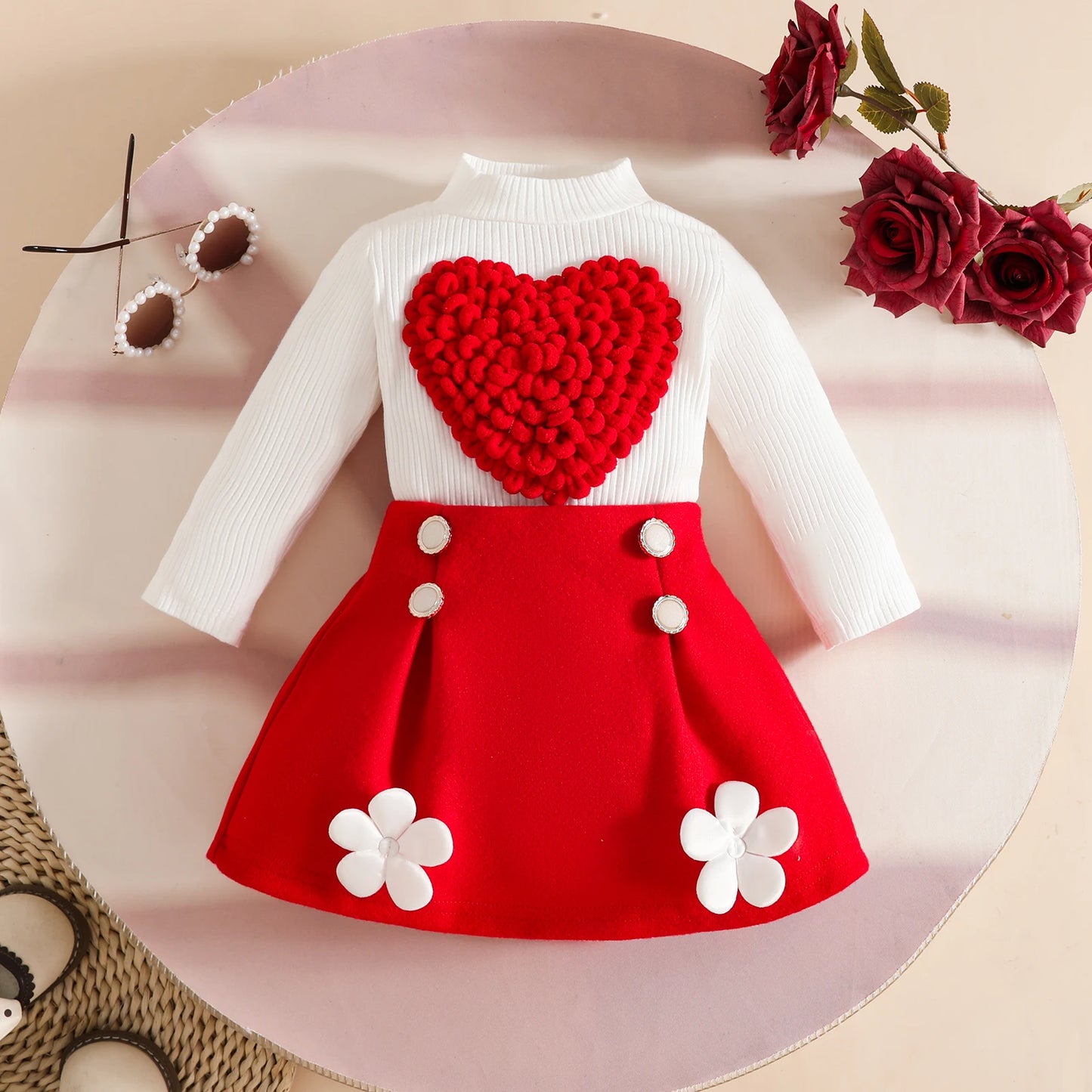 Pudcoco Toddler Baby Girl Fall Outfit Heart Mock Neck Long Sleeve Tops with 3D Flower Mini A Line Skirt 2Pcs Set 6M-4T