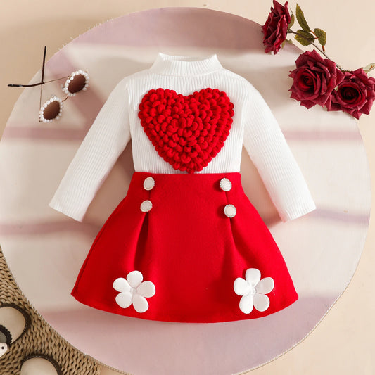 Pudcoco Toddler Baby Girl Fall Outfit Heart Mock Neck Long Sleeve Tops with 3D Flower Mini A Line Skirt 2Pcs Set 6M-4T